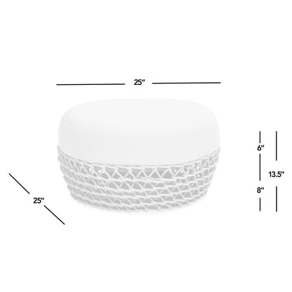 Willow - Round Upholstered Woven Patio Ottoman, Wicker Frame - Wheat Beige / Golden Brown