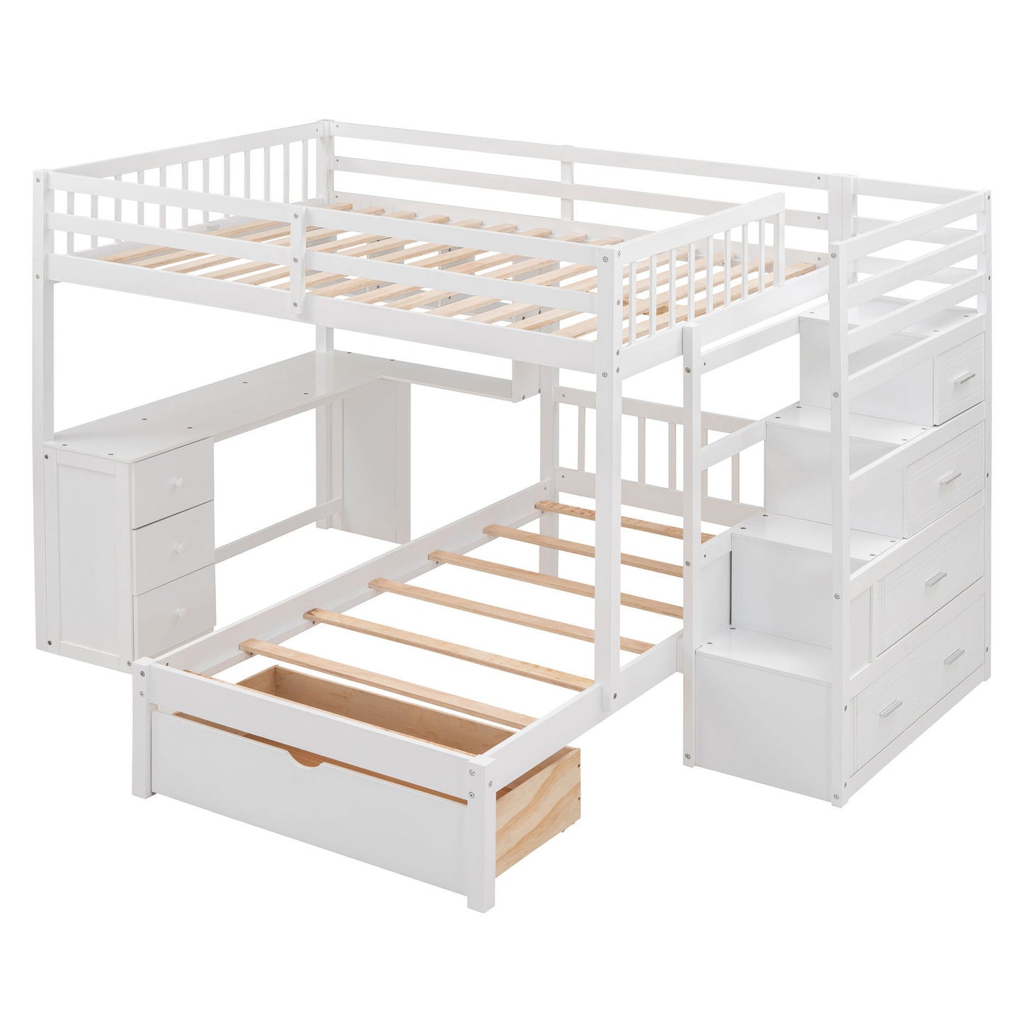 Full Over Twin Bunk Bed With Desk, Drawers And Shelves - White