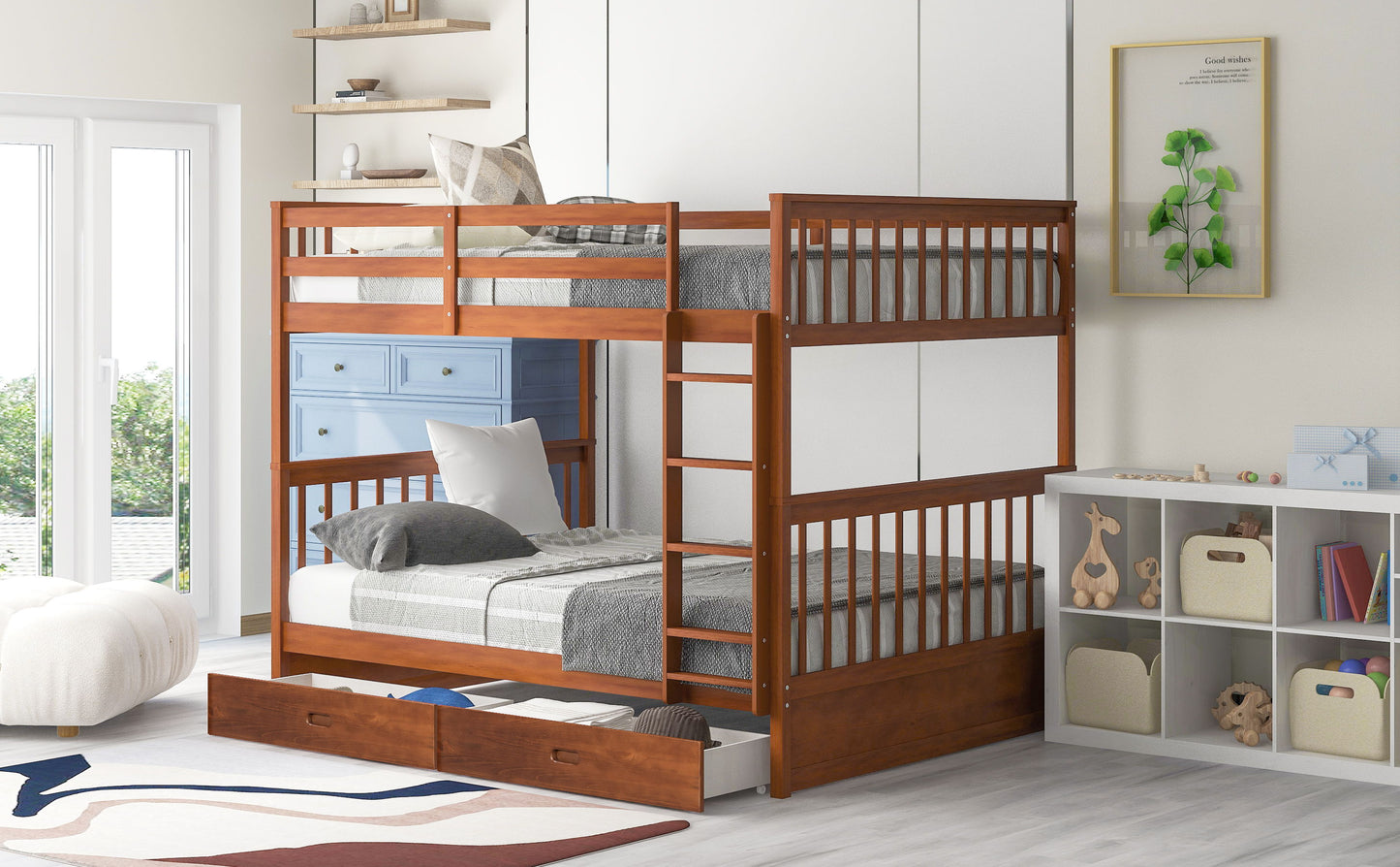 Full Over Full Bunk Bed With Ladders And 2 Storage Drawers - Walnut