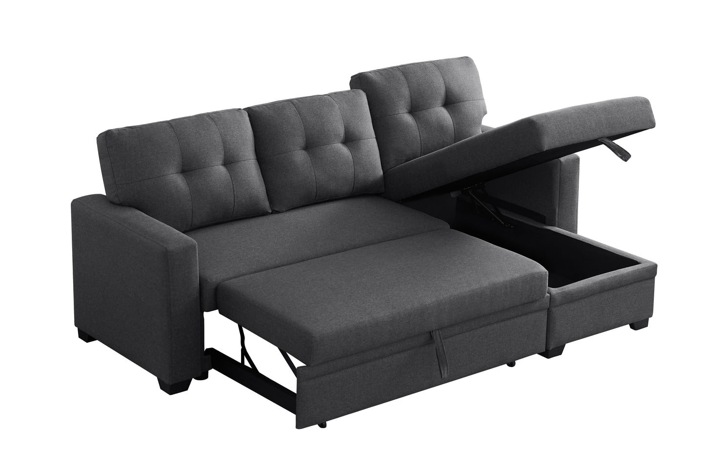 Upholstered Pull Out Sectional Sofa & Chaise - Dark Gray