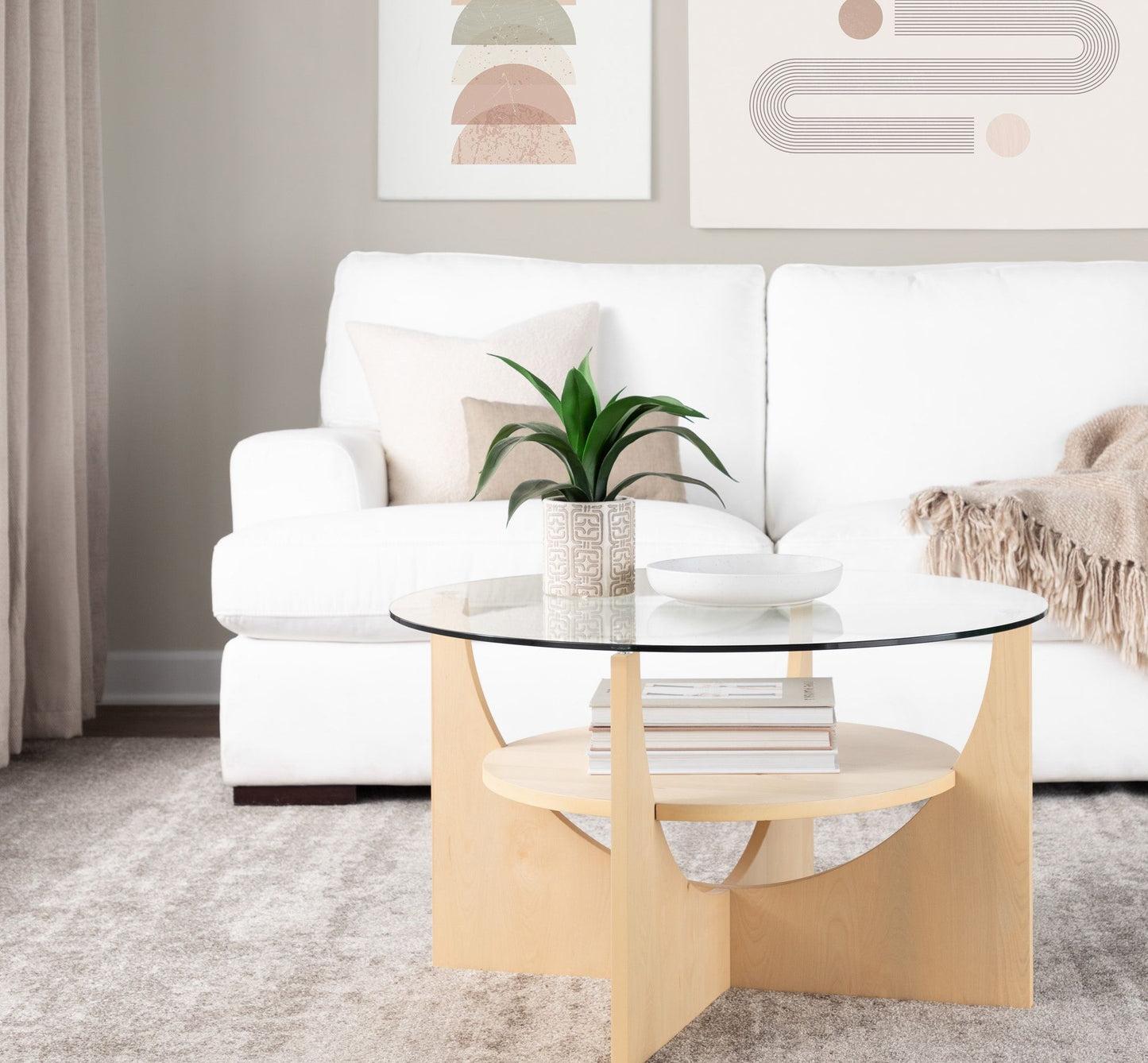 U - Shaped Contemporary Coffee Table - Natural / Clear