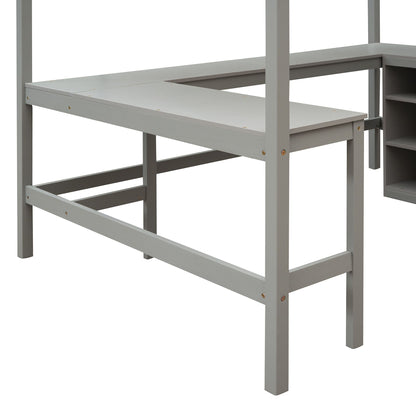 Full Size Loft Bed With Shelves With Desk - Gray