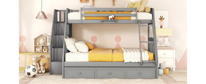 Twin Over Full Bunk Bed With Drawers, Ladder And Storage Staircase - Gray
