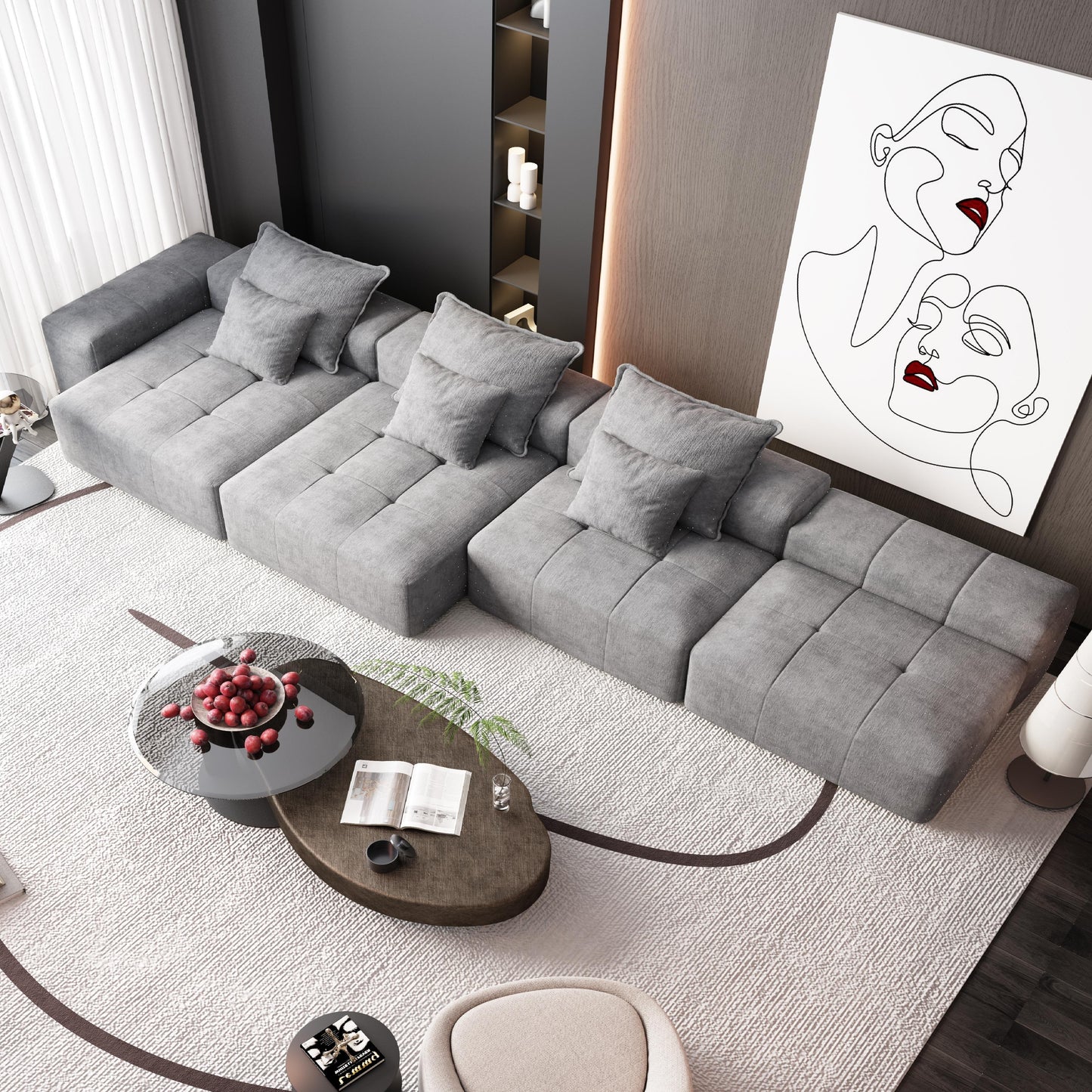 Modern Oversized Modular Sectional Sofa, Sparkling Fabric Soft Cushion Sofa With 6 Pillows, 6 Pieces Diy Combination Tufted Sofa, No Assembly Required - Gray