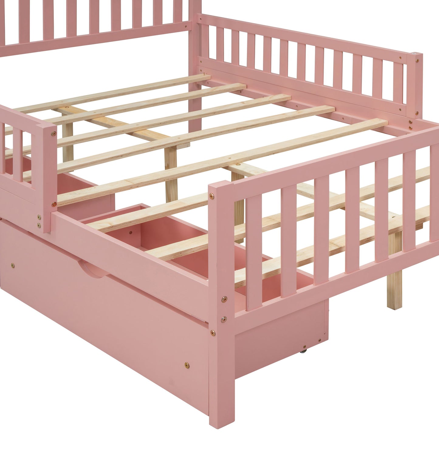 Full Size Platform Bed With Guardrails On Both Sides And 2 Storage Drawers - Pink