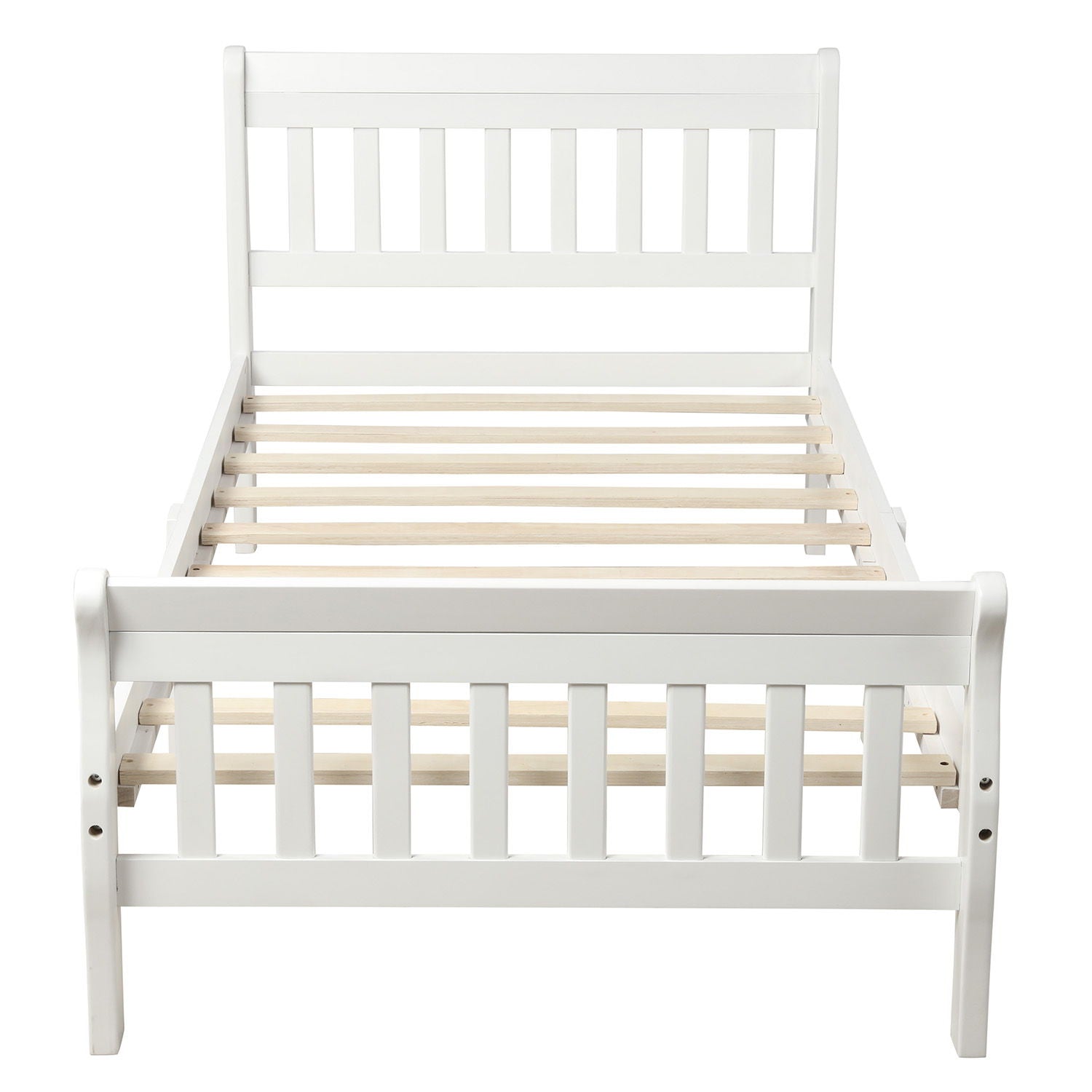 Twin Platform Bed, Mattress Foundation Sleigh Bed With Headboard, Footboard, Slat Support - White