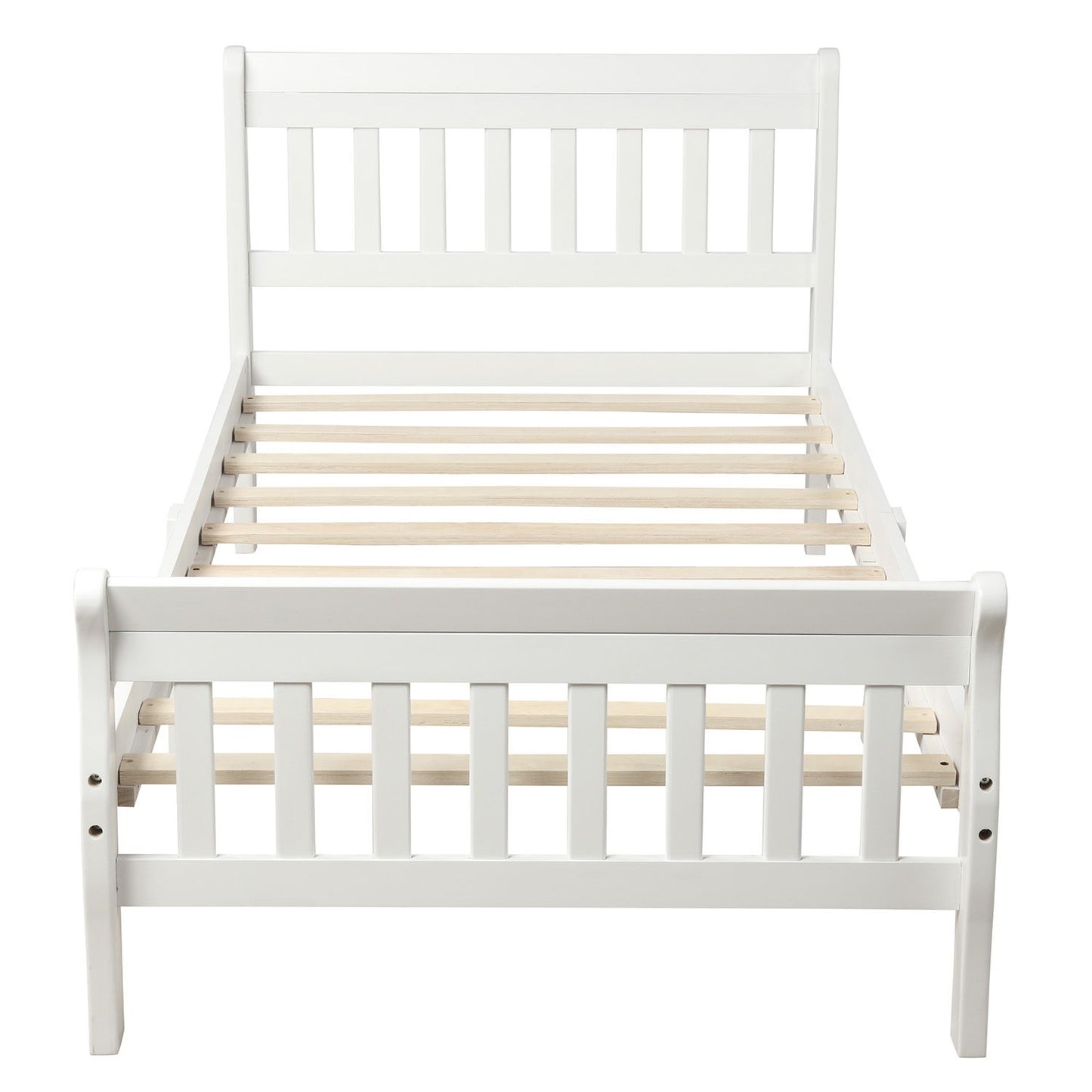 Twin Platform Bed, Mattress Foundation Sleigh Bed With Headboard, Footboard, Slat Support - White