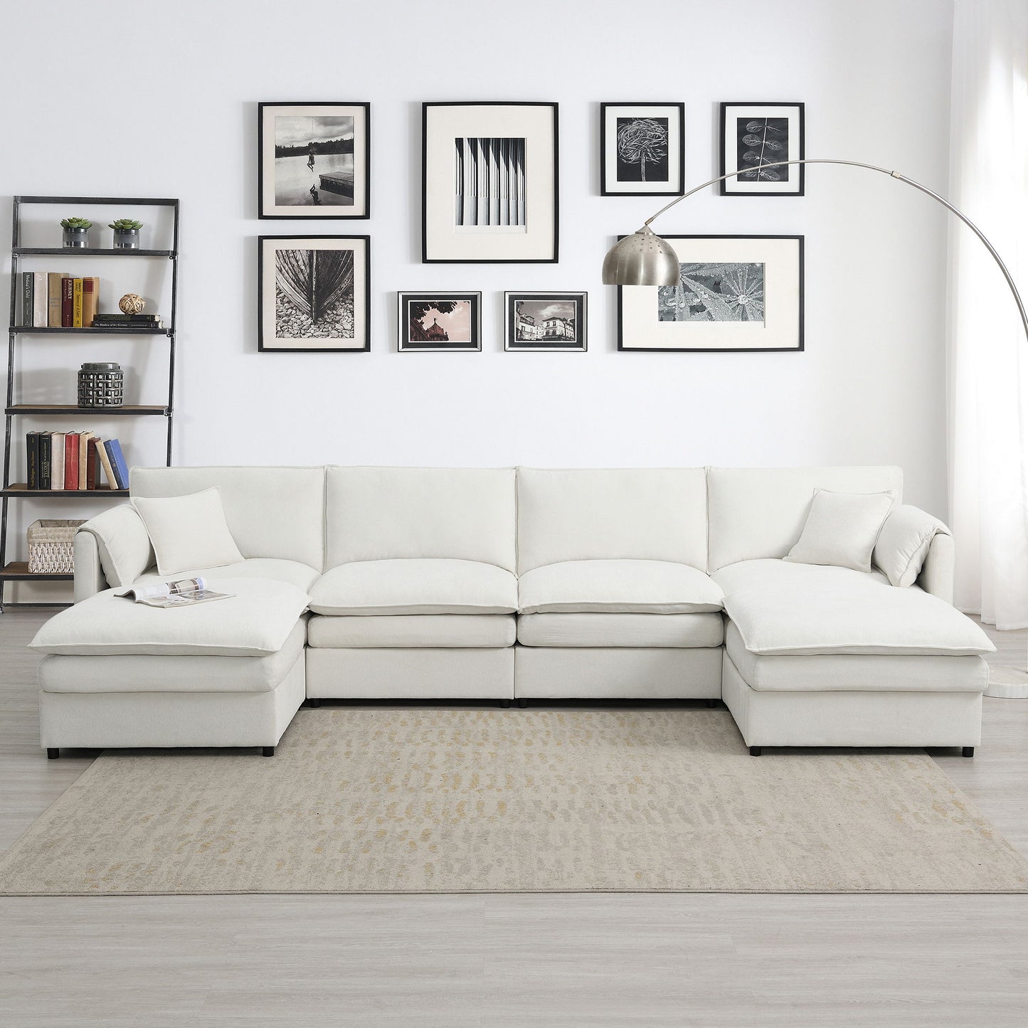 Chenille Modular Sectional Sofa, U Shaped Cloud Couch Set With Double Cushions, 6 Seat Sleeper Sofa Bed With Ottomans, Oversized Indoor Furniture - Cream