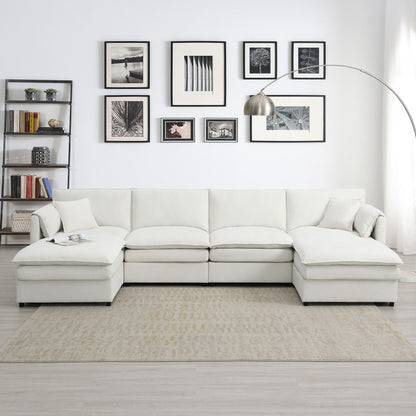 Chenille Modular Sectional Sofa, U Shaped Cloud Couch Set With Double Cushions, 6 Seat Sleeper Sofa Bed With Ottomans, Oversized Indoor Furniture - Cream