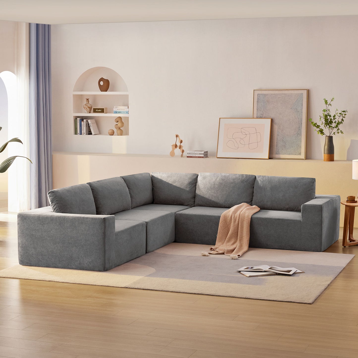 Modular L Shaped Sectional Sofa, Luxury Floor Couch Set, Upholstered Indoor Furniture, Foam - Filled Sleeper Sofa Bed 5 Pieces Free Combination - Gray