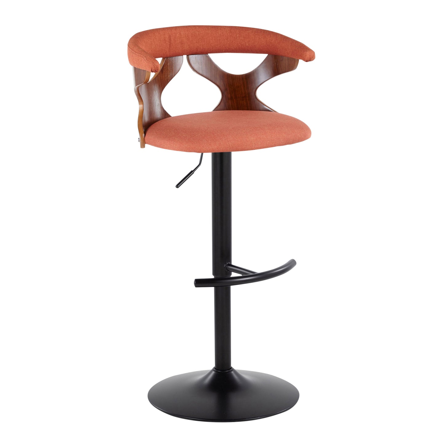 Gardenia - Contemporary Adjustable Barstool With Swivel With Rounded T Footrest (Set of 2) - Black / Walnut / Orange