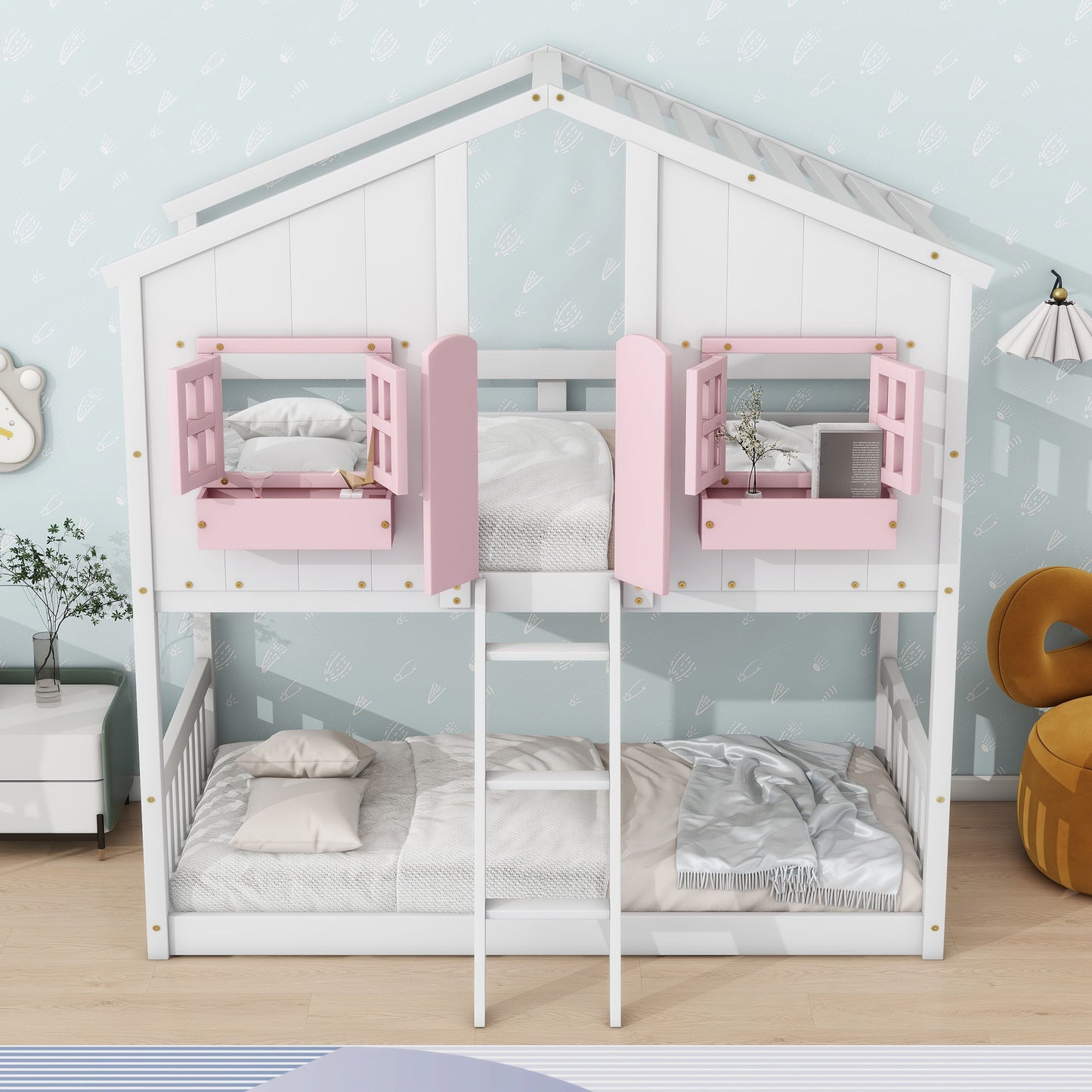 Twin Over Twin House Bunk Bed With Roof, Window, Window Box, Door, With Safety Guardrails And Ladder - Pink / White