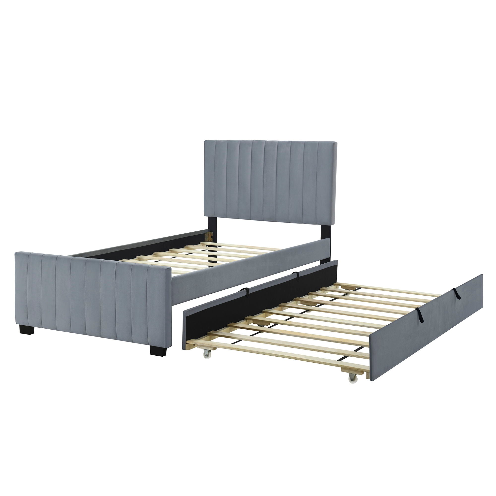 Twin Size Upholstered Platform Bed With Twin Size Trundle - Gray