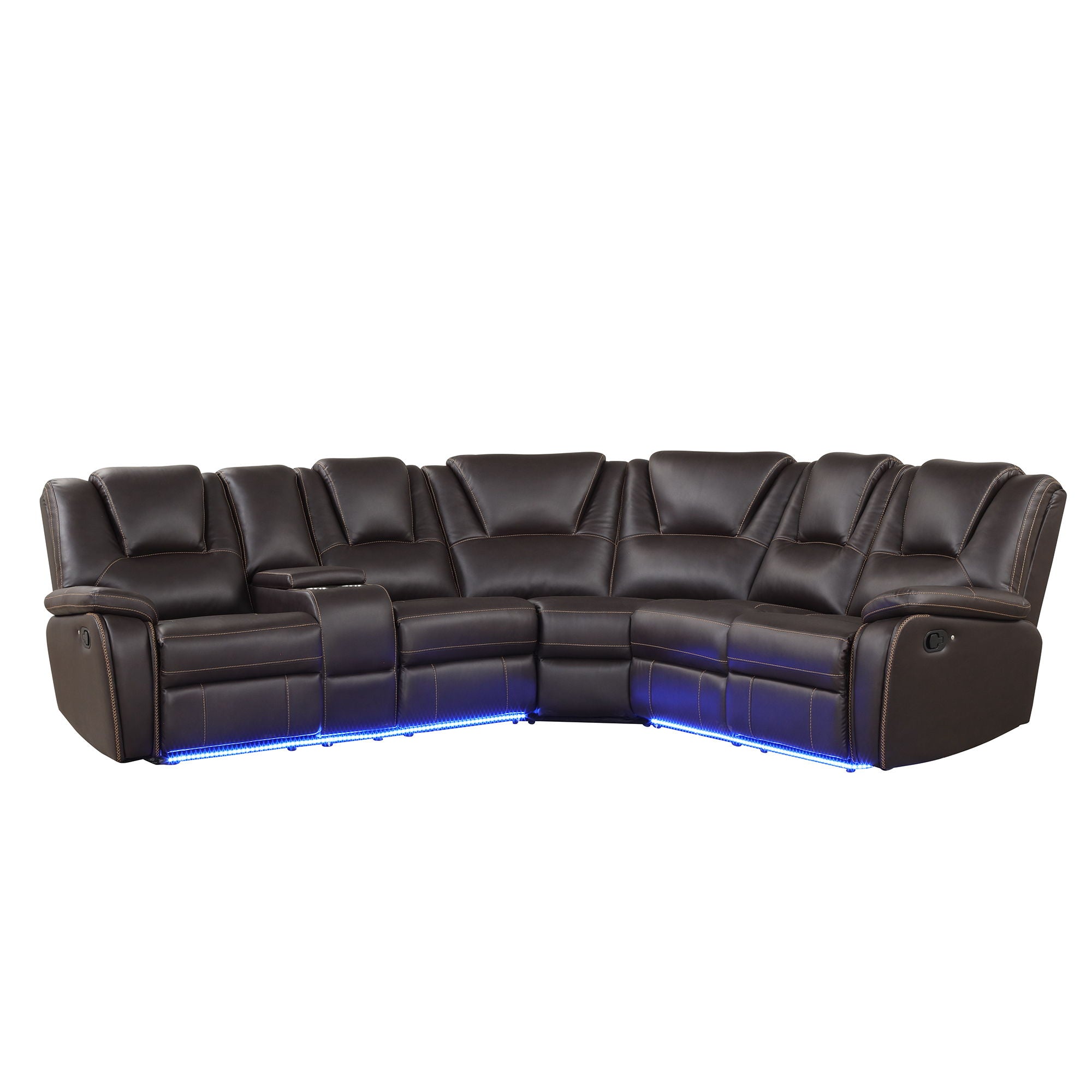 Modern Faux Leather Manual Reclining With Center Console And LED Light Strip, Living Room Furniture Set, Symmetrical Couch With 2 Cup Holders And Storage For Living Room - Brown