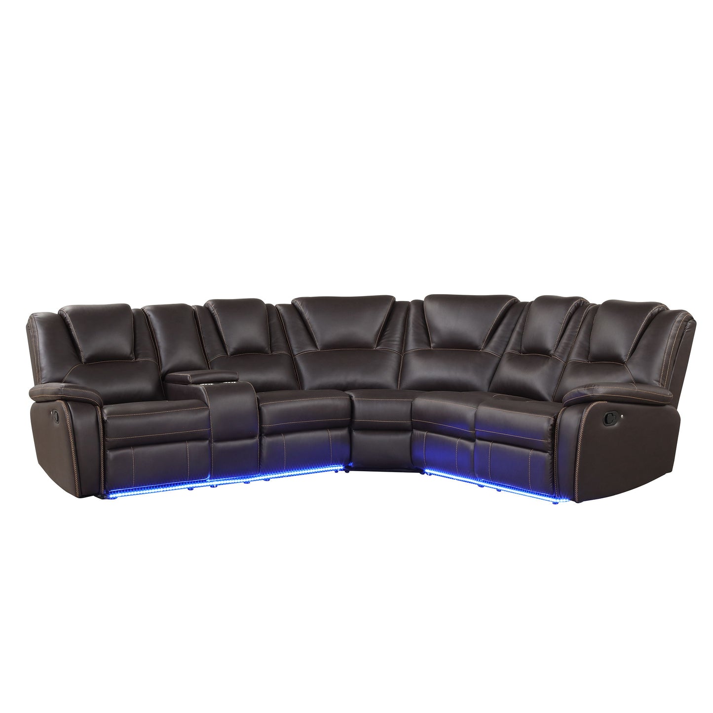 Modern Faux Leather Manual Reclining With Center Console And LED Light Strip, Living Room Furniture Set, Symmetrical Couch With 2 Cup Holders And Storage For Living Room - Brown