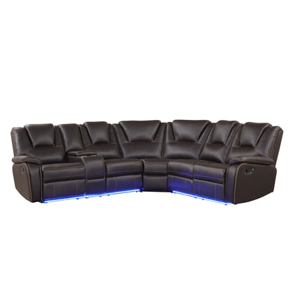 Modern Faux Leather Manual Reclining With Center Console And LED Light Strip, Living Room Furniture Set, Symmetrical Couch With 2 Cup Holders And Storage For Living Room - Brown