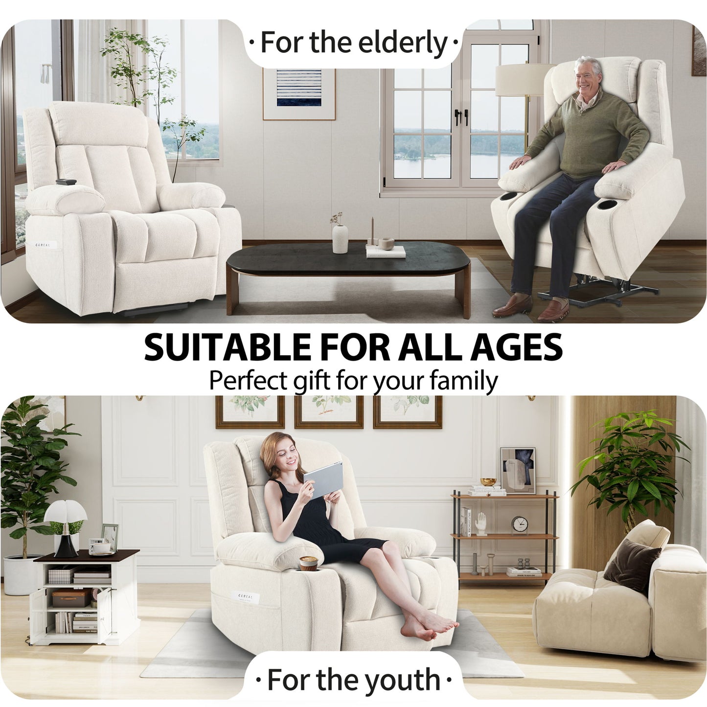 Power Lift Recliner Chair - Fabric Single Sofa With Extended Footrest, Remote Control, Cup Holders, And Side Pockets For Living Room Or Home Theater - Light Gray