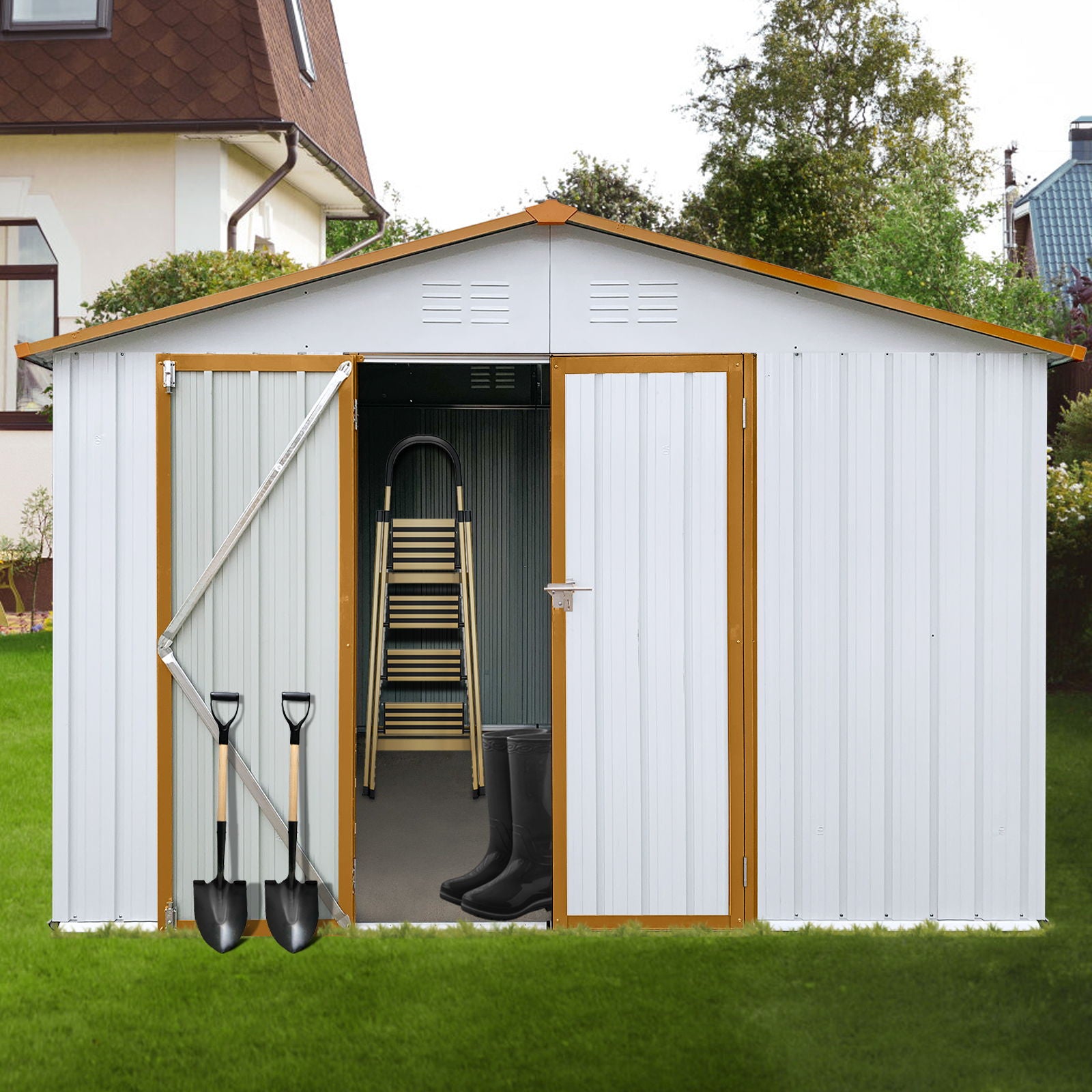 10'x12' Garden Sheds Outdoor Storage Sheds - White / Yellow