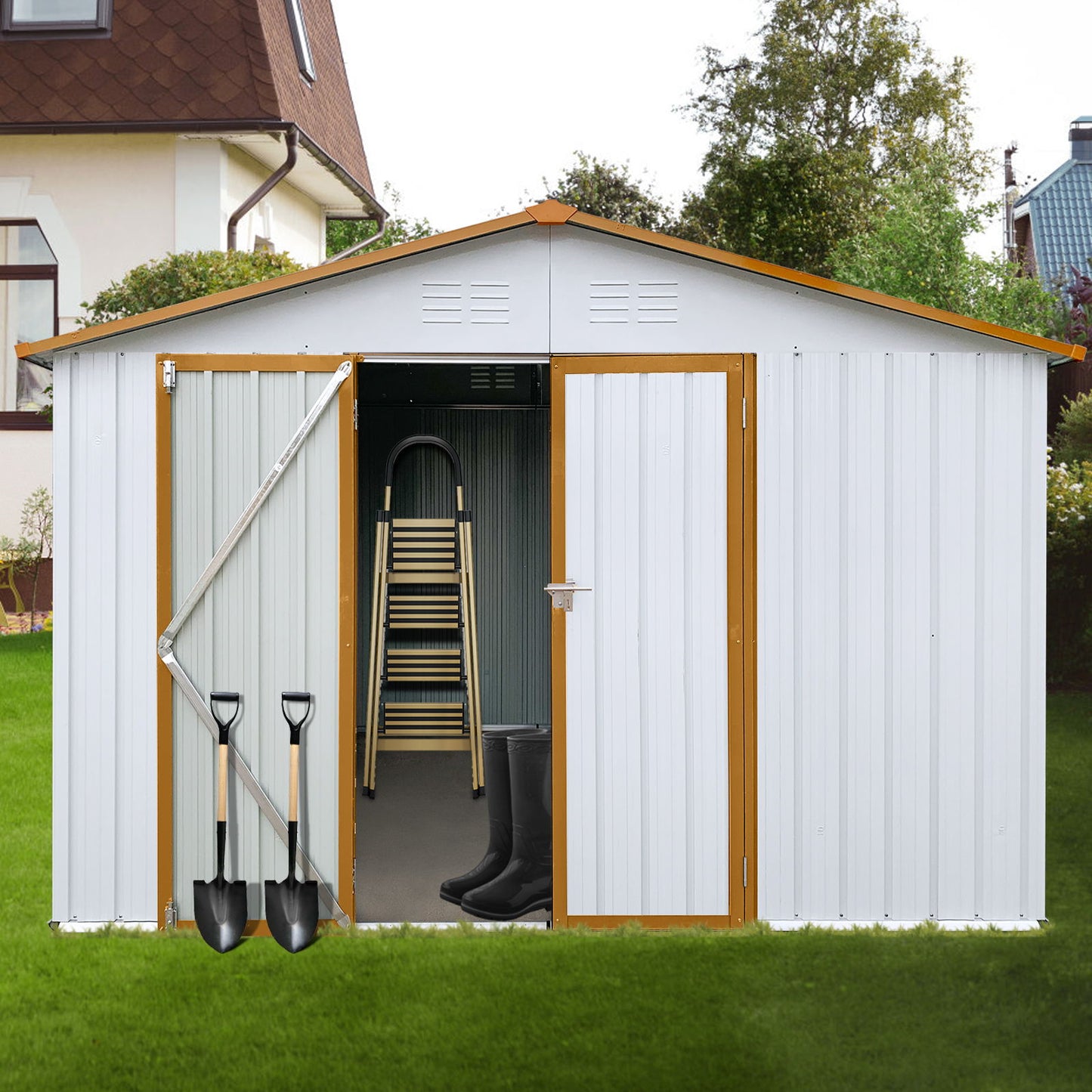 10'x12' Garden Sheds Outdoor Storage Sheds - White / Yellow