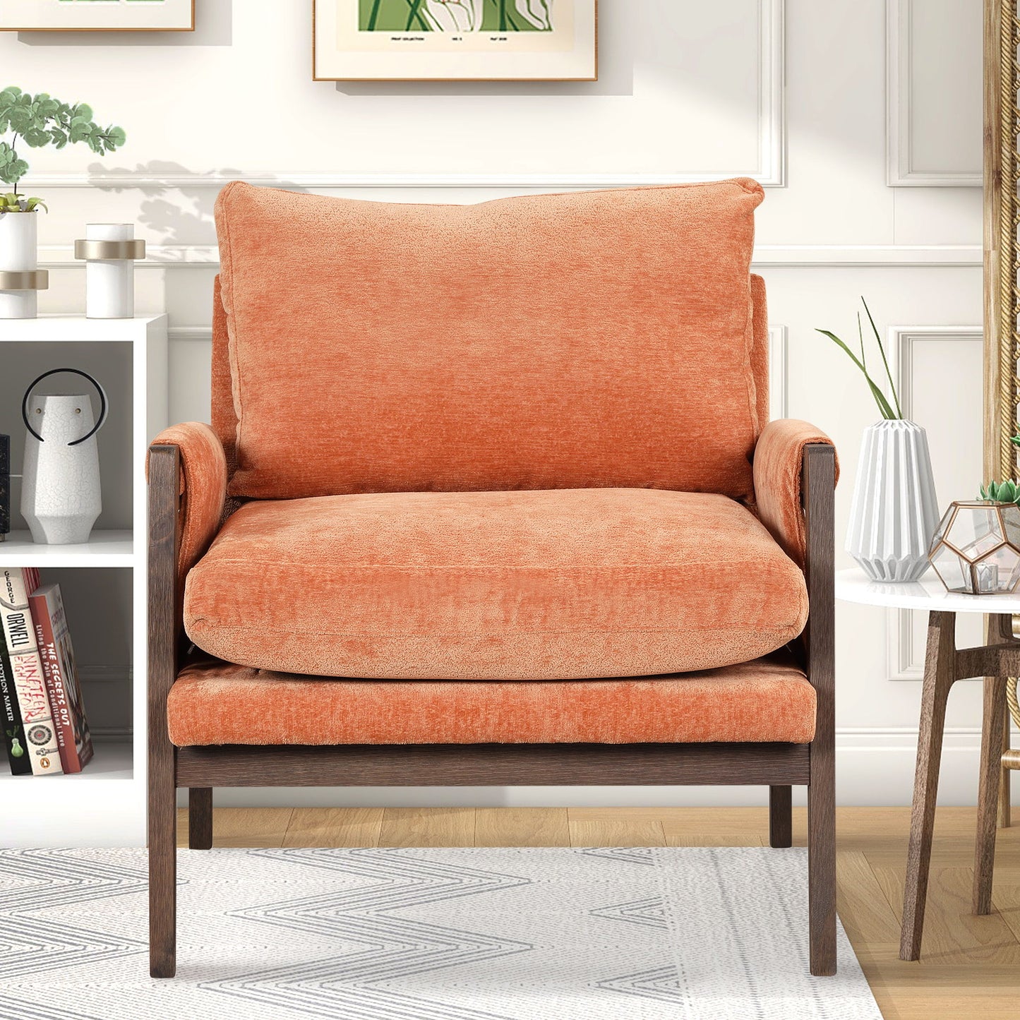 Mid-Century Modern Velvet Accent Chair, Leisure Chair With Solid Wood And Thick Seat Cushion For Living Room, Bedroom, Studio - Orange