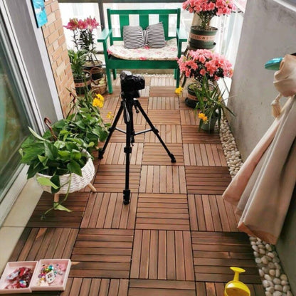 10 Piece Interlocking Deck Tiles Striped Pattern, Square Acacia Hardwood Outdoor Flooring For Patio, Bancony, Pool Side - Brown