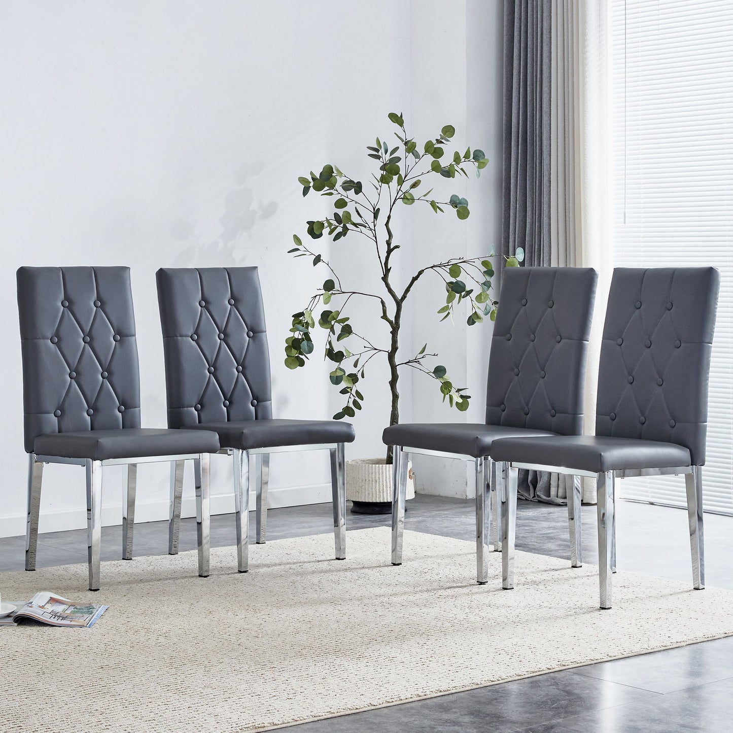 Armless Dining Chairs, Grid And Buckle Design Of The Back (Set of 4) - Gray