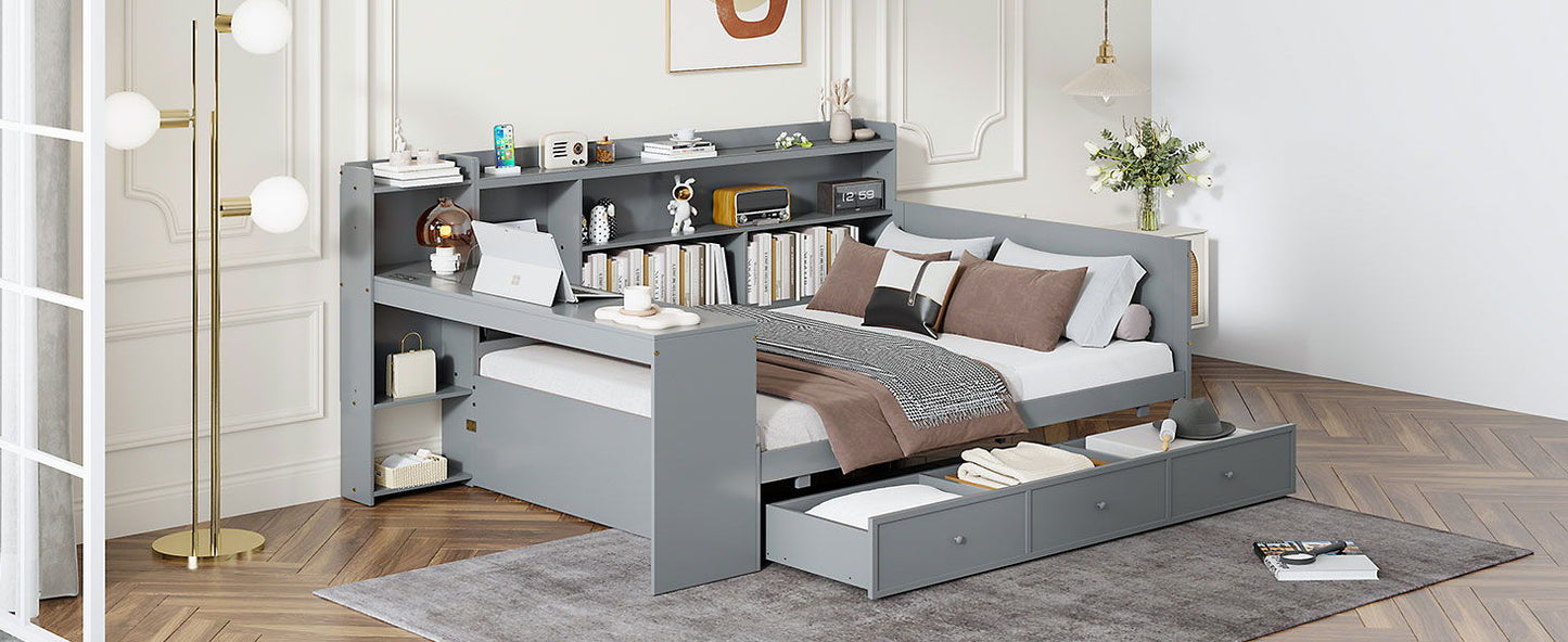 Full Size Daybed With 3 Drawers USB Ports And Desk - Gray