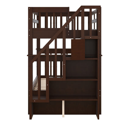 Twin Over Twin Stairway Bunk Bed With Storage And Guard Rail For Bedroom - Espresso