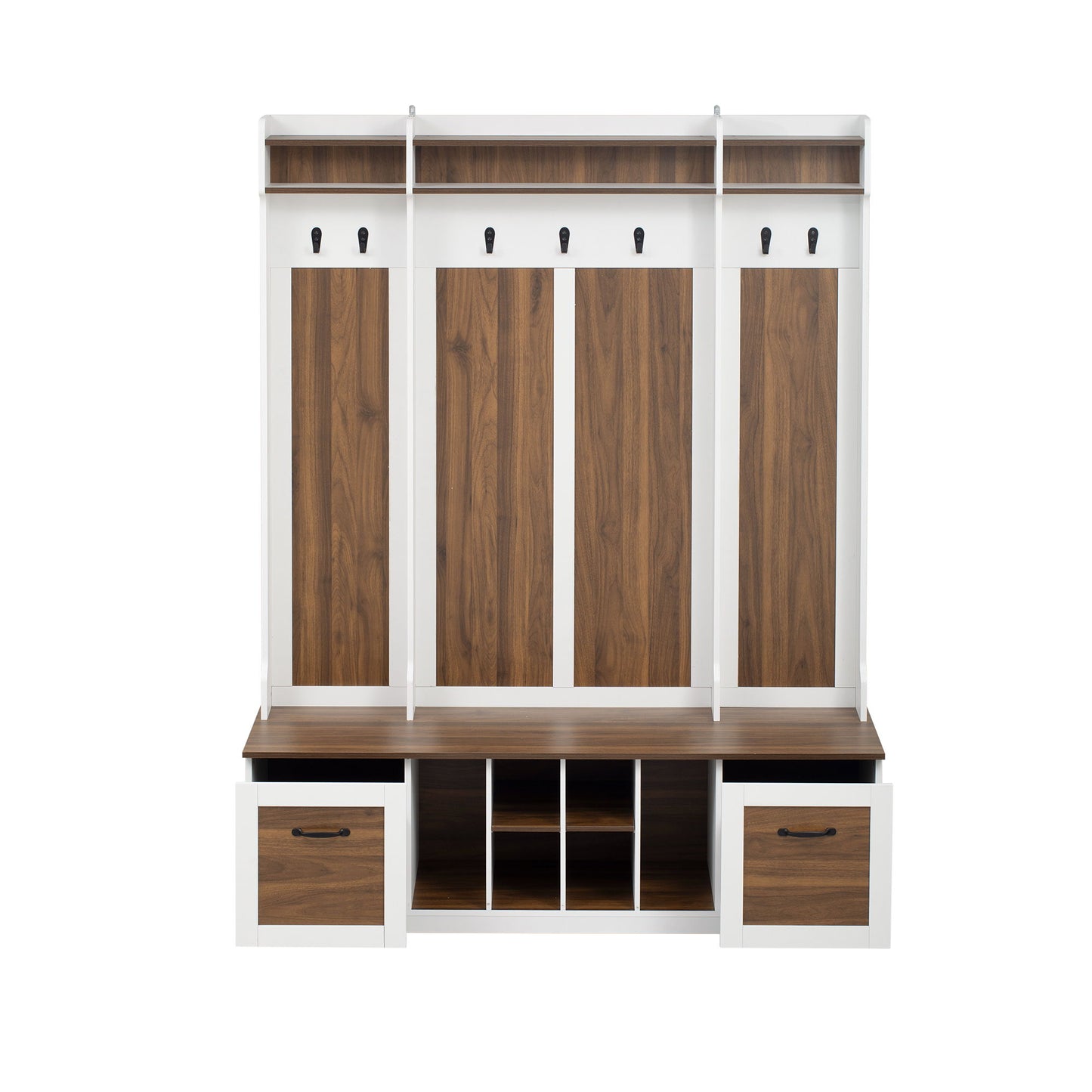 5 In 1 Entryway Bench With Coat Rack, 7 Sturdy Hooks, 2 Spacious Drawers And Adjustable Shelves, Wide Hall Tree With Metal Handles For Hallway - Brown / White