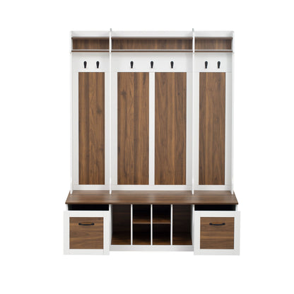 5 In 1 Entryway Bench With Coat Rack, 7 Sturdy Hooks, 2 Spacious Drawers And Adjustable Shelves, Wide Hall Tree With Metal Handles For Hallway - Brown / White