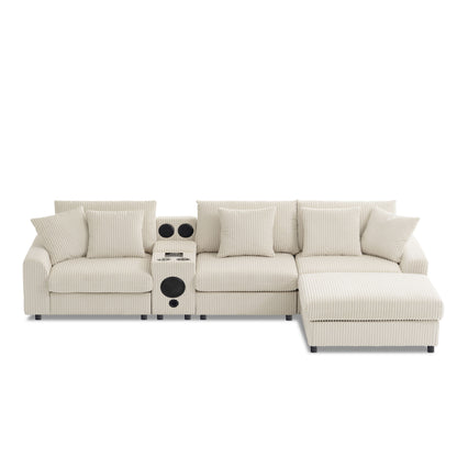 Sectional With Bluetooth Speakers L Shaped Couch With Console USB Charger, Cup Holders Storage Ottoman Deep And Wide Seat Cloud Sofa - Cream