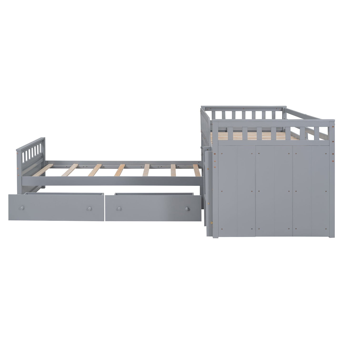 Twin Loft And Platform Bed With 7 Drawers And Full Guardrails, Modern L Shaped Space Saving - Gray