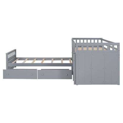 Twin Loft And Platform Bed With 7 Drawers And Full Guardrails, Modern L Shaped Space Saving - Gray