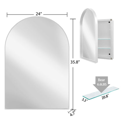 Arched Recessed Medicine Cabinet, Metal Framed Bathroom Wall Cabinet With Mirror And Adjustable Shelves, Wall Mirror With Storage For Bathroom - White
