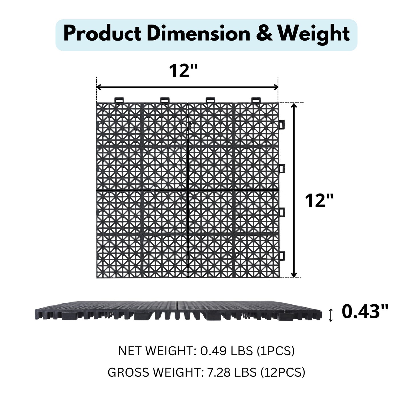 Interlocking Deck Tiles Plastic Waterproof Outdoor All Weather Anti-Slip Bathroom Shower Balcony Porch Strong Weight Capacity Upto 6613 Lbs, Rosette Pattern Pack Of 12 - Black