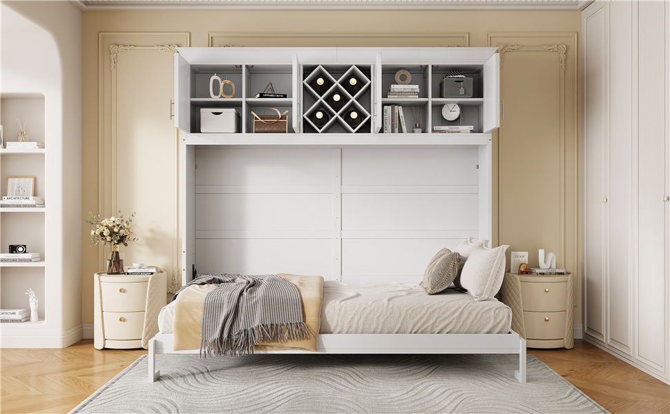 Queen Size Murphy Wall Bed With Top Cabinets & Wine Rack - White
