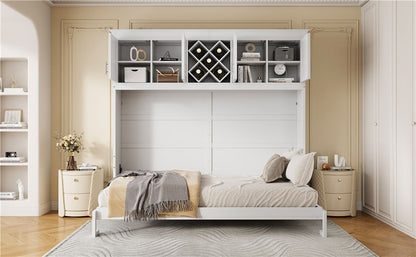 Queen Size Murphy Wall Bed With Top Cabinets & Wine Rack - White