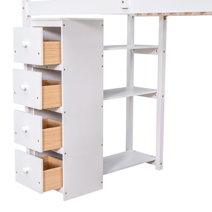 Twin Size Loft Bed With Storage Drawers, Desk And Stairs With Shelves - White