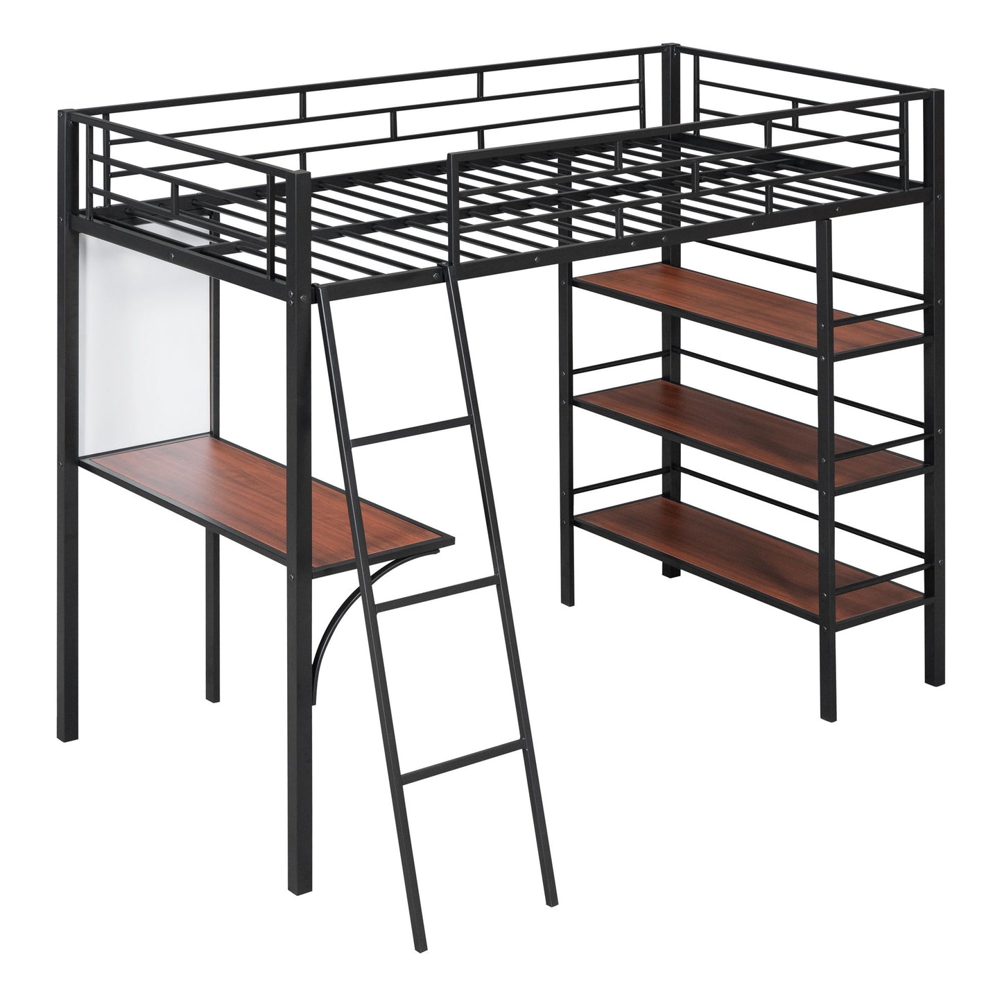 Twin Size Loft Bed With 3 Layers Of Shelves And Desk, Stylish Frame Bed - Black
