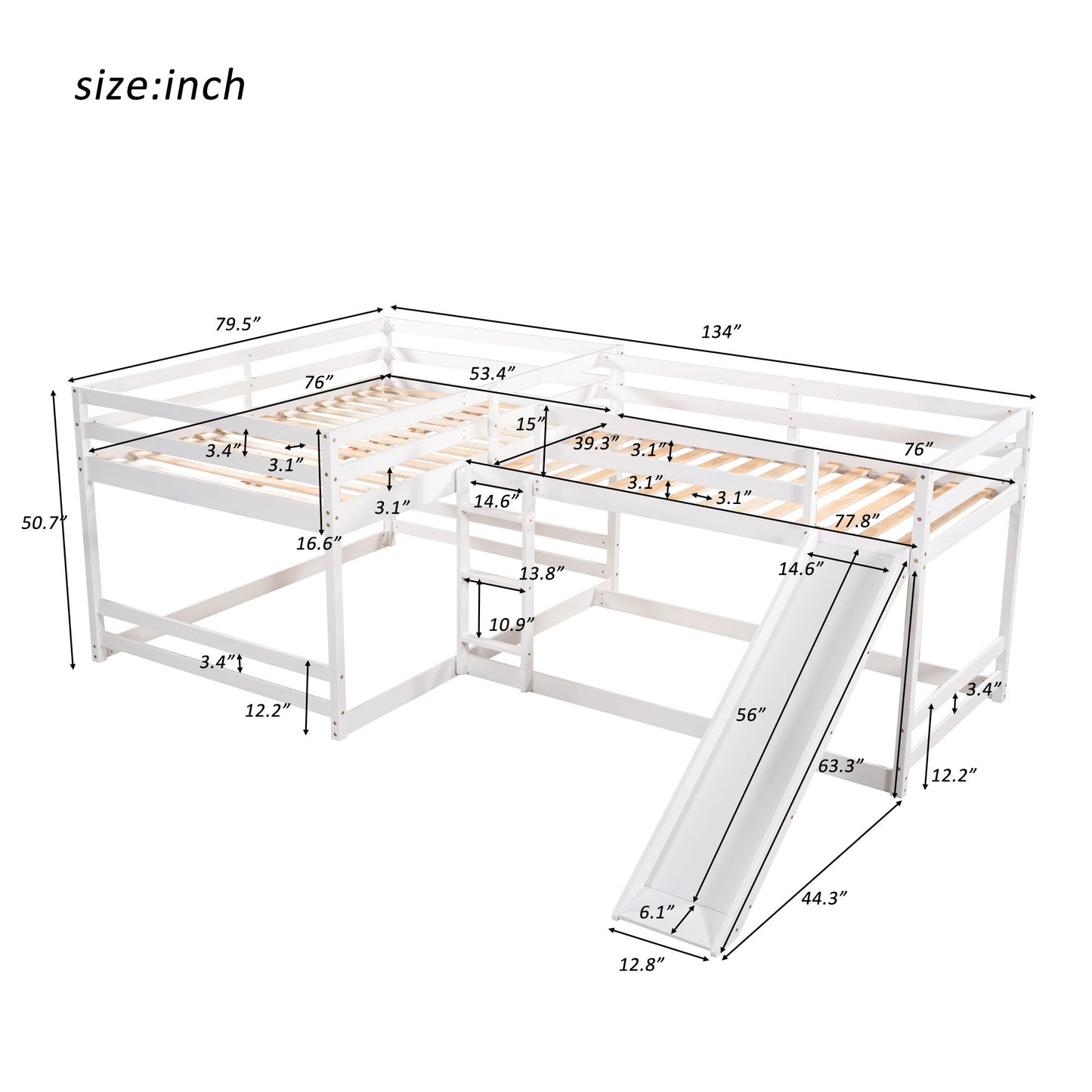 Full And Twin Size L-Shaped Bunk Bed With Slide And Short Ladder - White