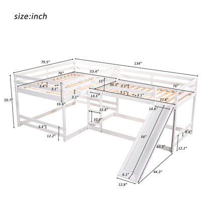 Full And Twin Size L-Shaped Bunk Bed With Slide And Short Ladder - White