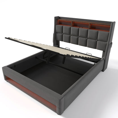 Full Size Upholstered Platform Bed With A Hydraulic Storage System, LED And USB Charging (Without Mattress) - Gray