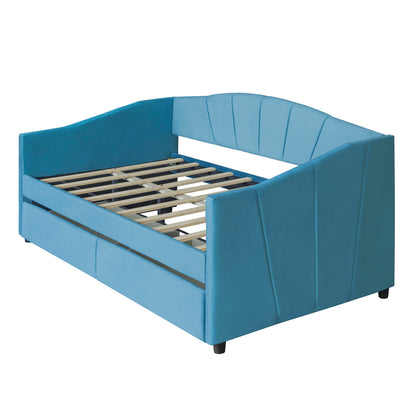 Twin Size Upholstered Daybed With Two Drawers And Slat - Blue