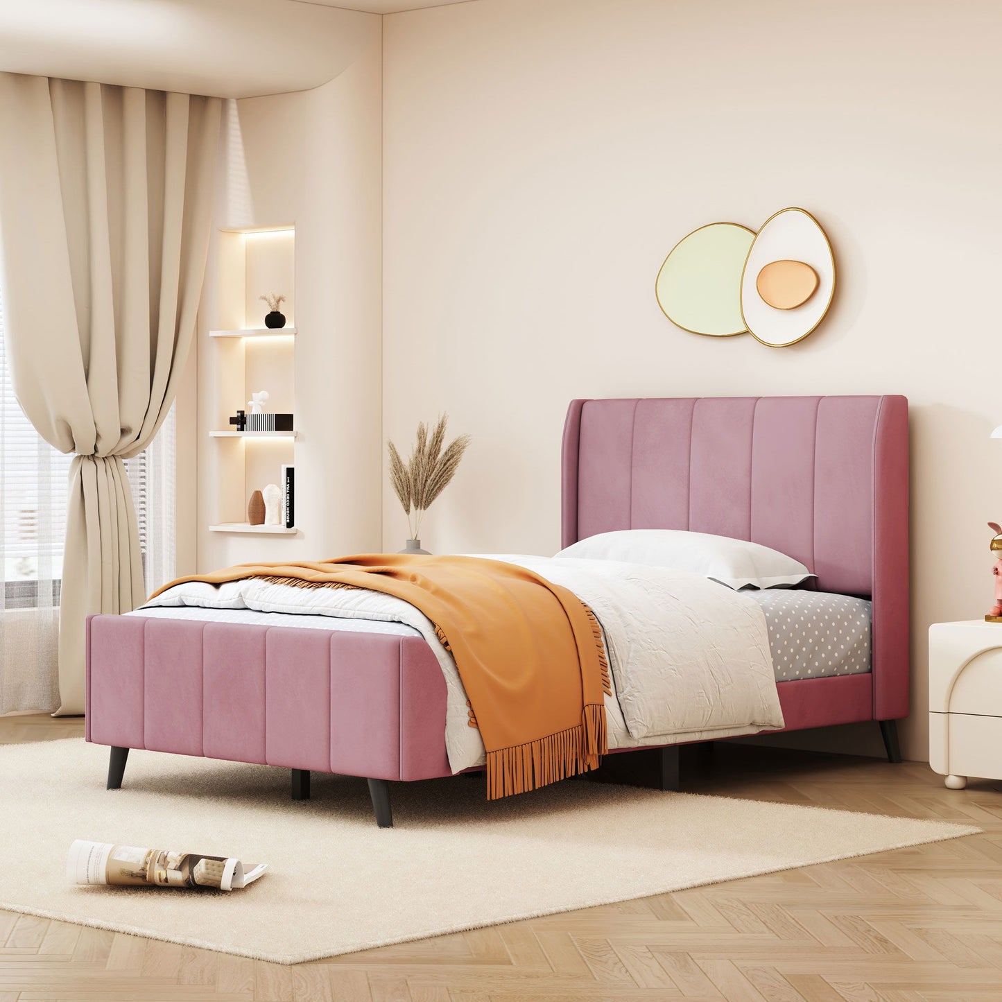 Twin Size Upholstered Platform Bed - Pink