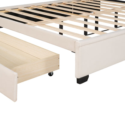Queen Size Storage Upholstered Platform Bed With Wingback Headboard And A Big Drawer - Beige