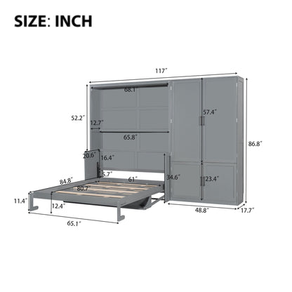 Queen Size Murphy Elegant Wall Bed With Closet - Gray