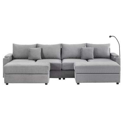 Modern Style 4 - Seater Sofa Sectional Sofa Couch With Storage Space, Two Movable Ottomans, Two USB Ports, Two Cup Holders, A Phone Holder For Living Room - Gray