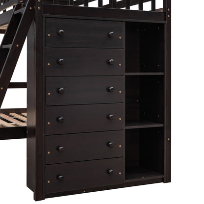 Twin Over Full Bunk Bed With 6 Drawers And Flexible Shelves, Bottom Bed With Wheels - Espresso