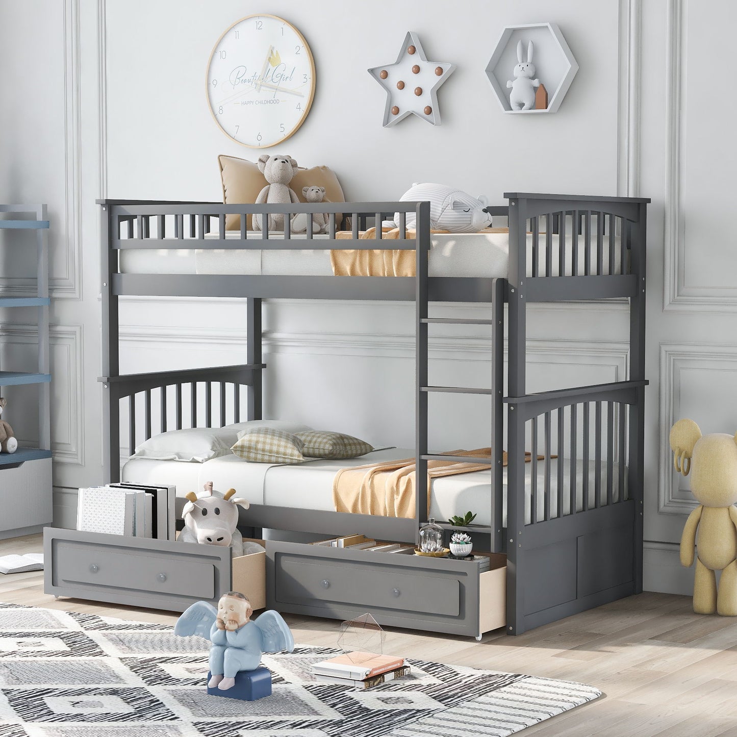 Twin Over Twin Bunk Bed With Drawers, Convertible Beds - Gray