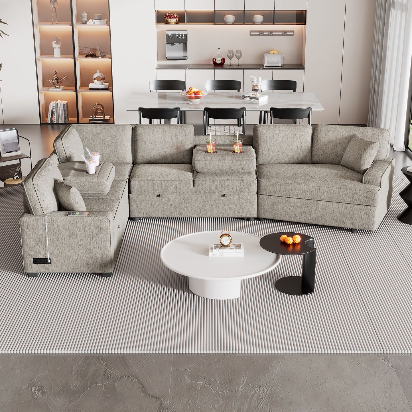 L-Shaped Sofa Sectional Sofa Couch Pull-Out Sofa Bed With Charging Devices And Cup Holders For Living Room - Beige